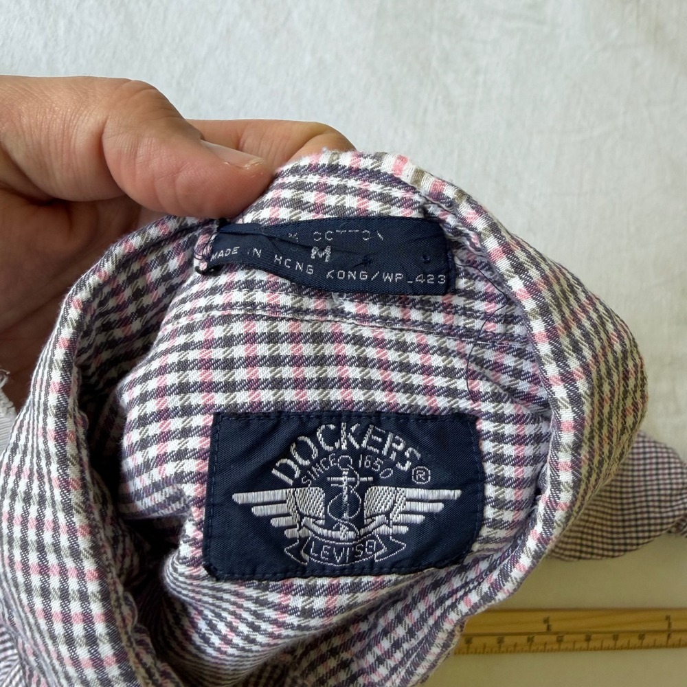 Dockers Womens Med Button Down Shirt Long Sleeve Cotton Plaid Check Navy Pink - Picture 4 of 8